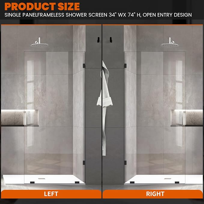 Shower Panel, 24"×78" Shower Glass Screen for Open Walk-in Bathroom, 5/16" (8mm) Clear Tempered Glass, Fixed Hinged Framless Shower Door，Matte Black