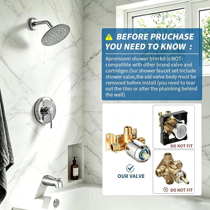 Tub Shower Faucet Set Valve Included with 6-Inch Rain Shower Head and Tub Spout Single-Handle Tub and Shower Trim Kit Chrome for Bathroom Remodels — Regaderas Para Baño Con Tina Modernas