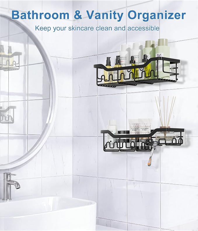 Shower Caddy Adhesive Bathroom Shelf, 2-Pack Rustproof Shower Organizer with Soap Holder, Wall Mounted Shelves for Large Storage with 16 Hooks