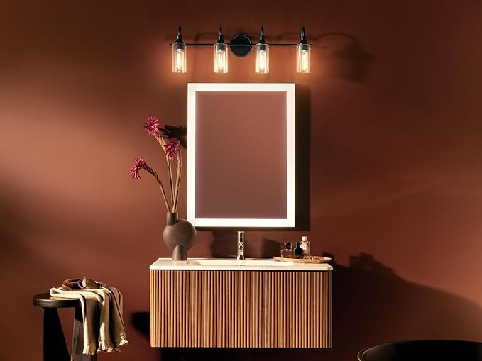 Kichler Kavi 31.5" 4-Light Vanity Light with Clear Glass in Black, Damp Rated, for Bathroom, Powder Room, Over a Mirror, (31.5" W x 10" H), 55212BK