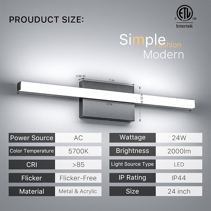 24Inch LED Bathroom Vanity Light Bar 5700K Dimmable Led Bathroom Light Over Mirror Modern Bath Wall Light Cool White ETL Certified 24W 2Pack