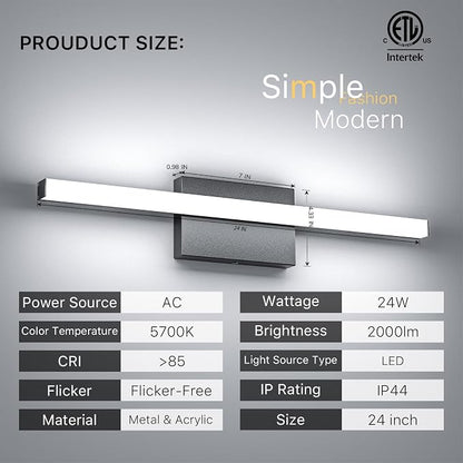 24Inch LED Bathroom Vanity Light Bar 5700K Dimmable Led Bathroom Light Over Mirror Modern Bath Wall Light Cool White ETL Certified 24W 2Pack