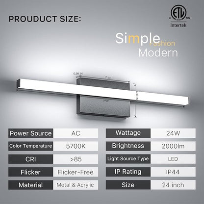 24 Inch LED Bathroom Vanity Light Bar 5700K Dimmable Led Bathroom Light Over Mirror Modern Bath Wall Light Cool White ETL Certified 24W