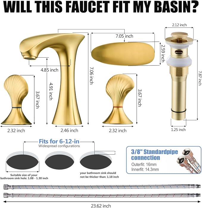 Brushed Gold Bathroom Faucet 3 Hole, 8 Inch Widespread Bathroom Sink Faucet for Vanity, 2 Handle Bathroom Faucets, Bathroom Vanity Faucet with Pop-Up Drain and Supply Hoses