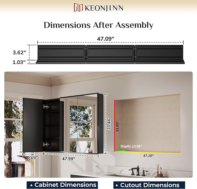 Keonjinn Black Medicine Cabinet Mirror 48" x 32", Assembly Required, Large Bathroom Cabinet with Mirror, Beveled Framed, Stepless Adjustable Shelves, Surface Wall-Mounted or Recessed
