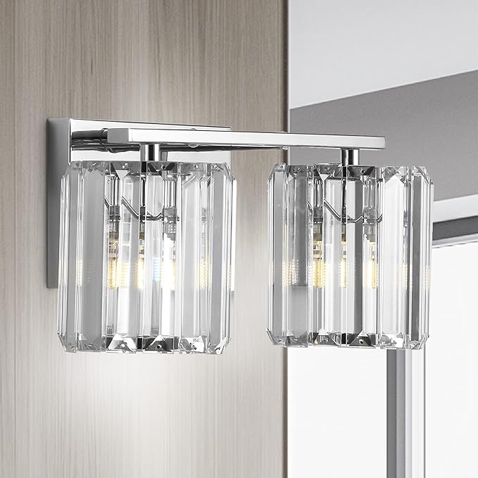 JONATHAN Y 4.75" Chrome 2-Light Vintage Glam LED Vanity Light Wall Sconce Fixture with Clear Crystal Prism Shade, Hardwired Wall Lamp for Bathroom Mirror Hallway, LED Bulb Included (JYL3553A)
