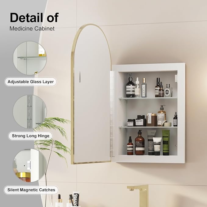 Recessed Medicine Cabinet Mirror,Brushed Gold Arched Medicine Cabinet with Mirror for Bathroom,Metal Edge Mirrored Medicine Cabinets,in Wall Arch Mirrored Cabinets with Storage 16x26