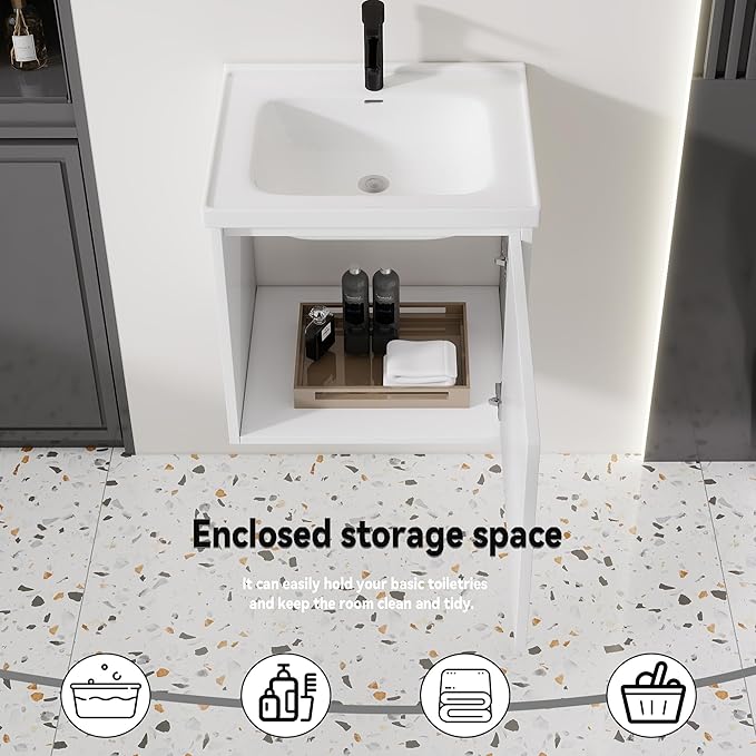 20'' Bathroom Vanity with Ceramic Sink Combo, Wall Mounted Small Bathroom Vanity with Soft-Close Door Modern Floating Cabinet, Pop-up Drain, P-Trap Included, White(No Faucet)