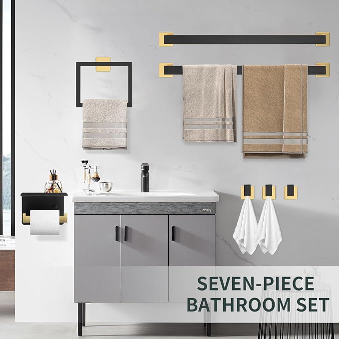 Dorudon Atrox 7-Piece Bathroom Set - Black & Gold Accessories Set - Square Towel Bar 2x23'', Hand Towel Rack, Toilet Paper Holder, 3x Towel Hook, Bathroom Hardware