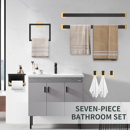 Dorudon Atrox 7-Piece Bathroom Set - Black & Gold Accessories Set - Square Towel Bar 2x23'', Hand Towel Rack, Toilet Paper Holder, 3x Towel Hook, Bathroom Hardware