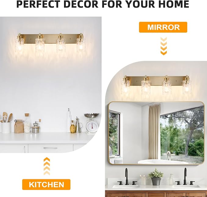 4 Light Bathroom Vanity Light Modern Brushed Gold Bathroom Light Fixtures Over Mirror with Hammered Glass Lampshade for Kitchen Hallway