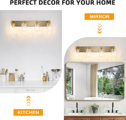 4 Light Bathroom Vanity Light Modern Brushed Gold Bathroom Light Fixtures Over Mirror with Hammered Glass Lampshade for Kitchen Hallway