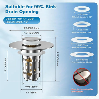 Hibbent Universal Bathroom Sink Drain Strainer, Upgraded 3 in 1 Pop Up Stopper with Removable Stainless Steel Filter Basket, Brass Bullet Core, Hair Catcher Sink Plug for 1.1''~2.36'' Hole, Chrome
