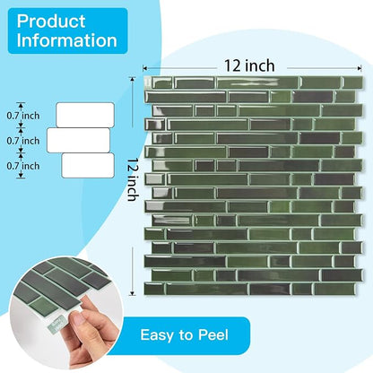 Art3d Linear Design Tile Peel and Stick Backsplash, 10-Sheet, Dark Green | 12 x 12 Inch, Enhanced Thickness, Warp Resistant, Strong Adhesion, Sturdy, for Kitchen, Bedroom, Ideal for Home Improvement