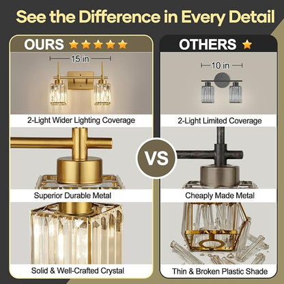 Torondo Modern Crystal Bathroom Vanity Light 2-Lights Brushed Gold Bathroom Light Fixtures Over Mirror Brushed Gold Vanity Lighting Fixtures Square Shade Wall Sconce (Bulbs Not Include)