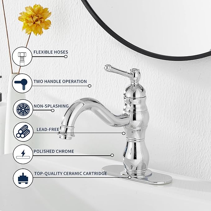 Chrome Bathroom Faucet GGStudy 360° Swivel Bathroom Vanity Faucet Single Handle One Hole Bathroom Sink Faucet Basin Matching Pop Up Drain with Overflow