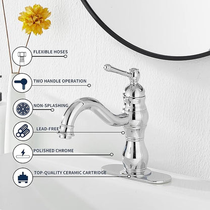 Chrome Bathroom Faucet GGStudy 360° Swivel Bathroom Vanity Faucet Single Handle One Hole Bathroom Sink Faucet Basin Matching Pop Up Drain with Overflow