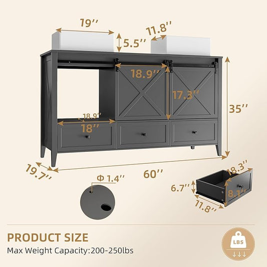 VNN Bathroom Vanity with Sink - 60 Inch Bathroom Vanity Double Sink Ceramic, Freestanding Cabinet with 2 Farmhouse Sliding Barn Doors and 5 Drawers, Space-Saving Storage Cabinet, Grey