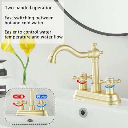 Bathroom Faucet Brushed Gold 2 Handles 4 Inches Centerset Bathroom Vanity with Drain Assembly and Supply Hose Lavatory Faucet