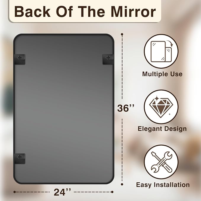 Vanity Bathroom Mirror, 36”x24” Black Bathroom Mirror for Over Sink | HD Tempered Glass, Anti-Rust Frame, Vertical or Horizontal, Wall Mirrors for Bathroom Sink, Living Room, Entryway, Bedroom