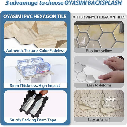 Hexagon Peel and Stick Backsplash for Kitchen Wall, 10 Sheets Heat Resistant Stick on Backsplash PVC Smart Tiles, 12'' Beige Marble Waterproof Peel and Stick Wall Tiles for Bathroom