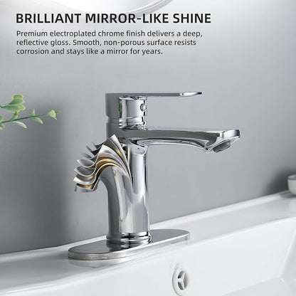 BELZ Chrome Bathroom Faucet, Lead-Free 1 or 3 Hole (4") Vanity Sink Faucet | NSF372 Compliant, Anti-corrosion Coating, 6'' Single Handle Sink Faucet with pop-up drain & hot/cold hoses, Easy DIY Install