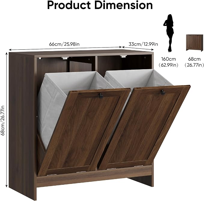 Smart FENDEE Double Tilt Out Laundry Hamper Cabinet, 11.8 Gallon Hidden Trash Cabinets with 2 Baskets for Kitchen, Freestanding Small Bathroom Storage Cabinet Unit, Walnut