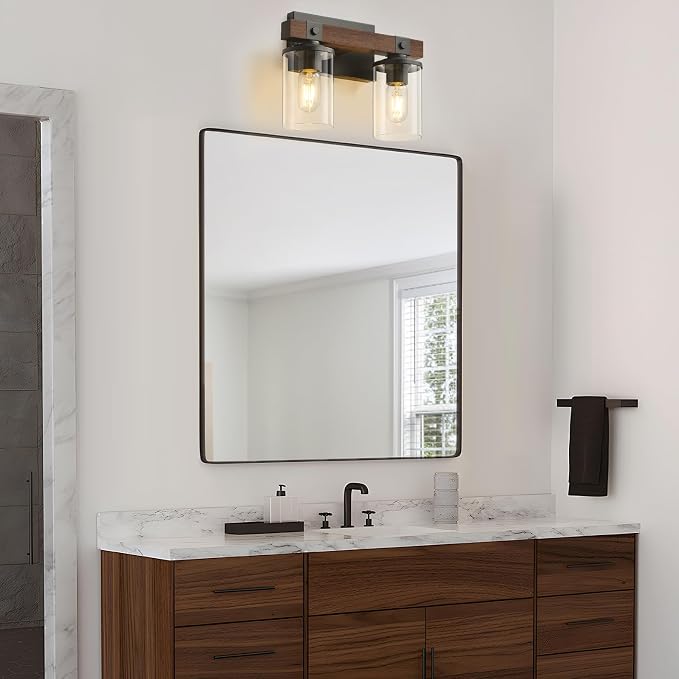 Farmhouse Vanity Light for Bathroom Wooden Rustic Vanity Lighting fixtures | 2-Light Bathroom Lights Over Mirror Vintage Wall Sconce Lighting with Clear Glass Shade for Bedroom Hallway
