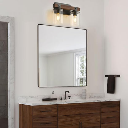 Farmhouse Vanity Light for Bathroom Wooden Rustic Vanity Lighting fixtures | 2-Light Bathroom Lights Over Mirror Vintage Wall Sconce Lighting with Clear Glass Shade for Bedroom Hallway