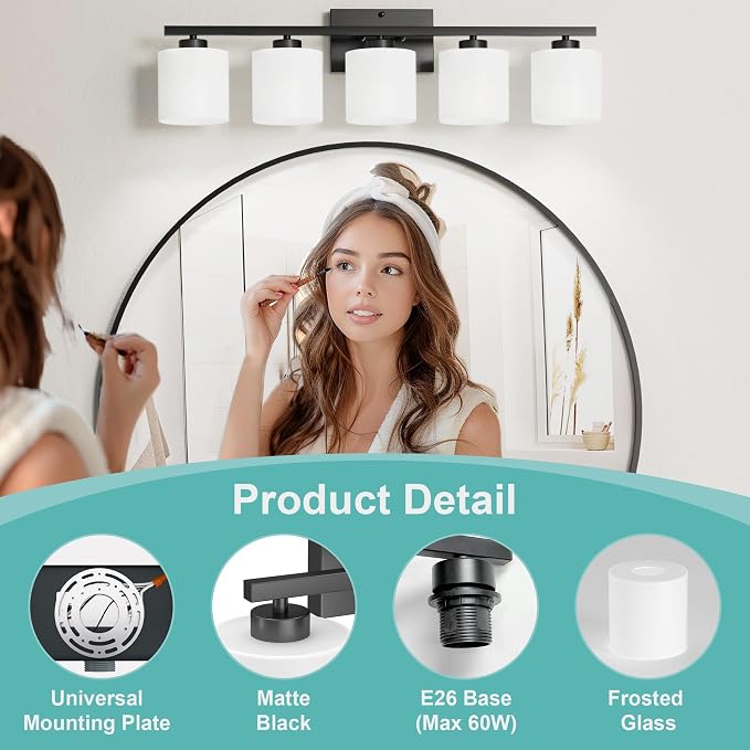 Honesorn Black Vanity Light, 5-Light Bathroom Light Fixtures, Frosted Shade | Matte Black Bathroom Vanity Light, Wall Sconces with Milky White Frosted Shades for Bedroom,E26 Socket(Bulbs Not Included)
