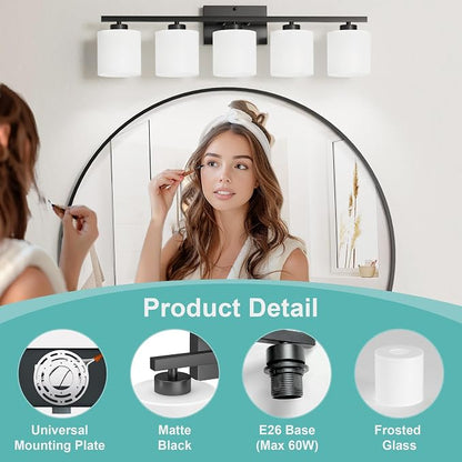 Honesorn Black Vanity Light, 5-Light Bathroom Light Fixtures, Frosted Shade | Matte Black Bathroom Vanity Light, Wall Sconces with Milky White Frosted Shades for Bedroom,E26 Socket(Bulbs Not Included)