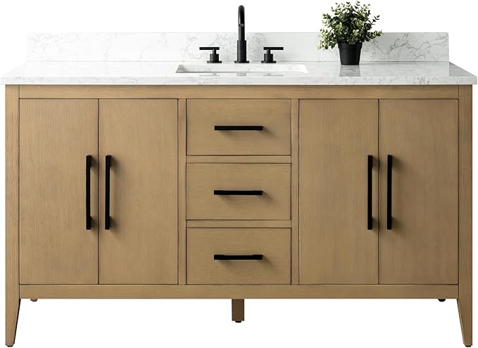 HomeBeyond 60 Inch Bathroom Vanity with Sink & Ceramic Top, Single Vanity Cabinet with Basin, Soft-Closing Doors & Matte Black Hardware, Natural Oak