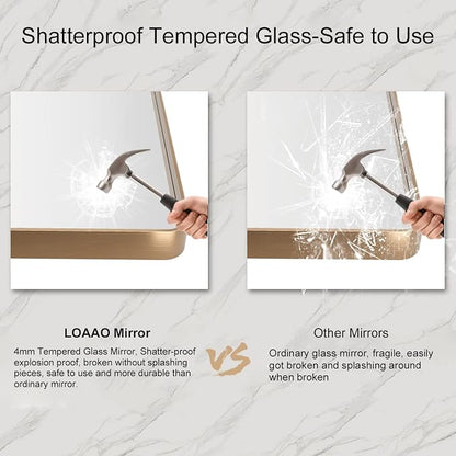 LOAAO 48"X32" Gold Bathroom Mirror | Rounded Rectangle, Brushed Gold Frame, Wall-Mounted, Anti-Rust, Tempered Glass, Hangs Horizontally or Vertically