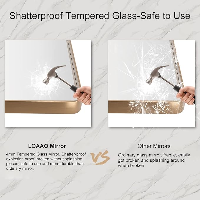 LOAAO 72"X32" Gold Bathroom Mirror | Rounded Rectangle, Brushed Gold Frame, Wall-Mounted, Anti-Rust, Tempered Glass, Hangs Horizontally or Vertically