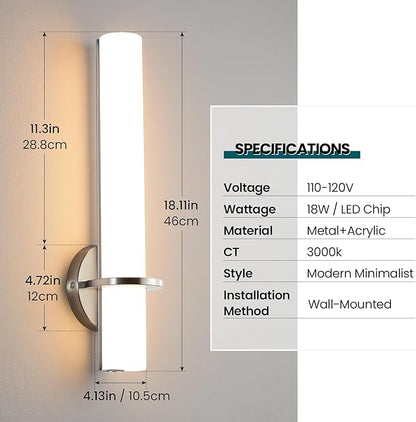 Brushed Nickel Bathroom Sconces Wall Lighting 18W LED Dimmable Vanity Light Fixture, 3000K Modern Wall Light Fixtures Indoor Wall Lamps for Bedroom Living Room Mirror Hallway Porch 18 inch