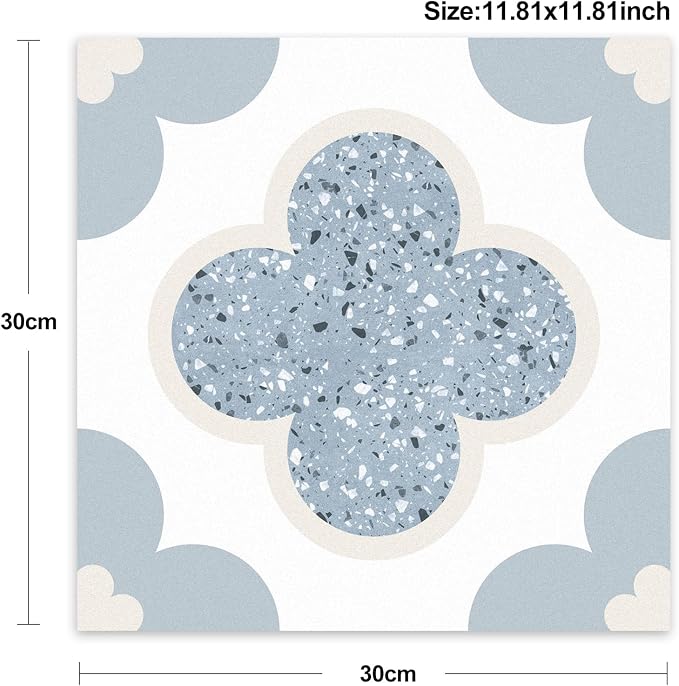 Peel & Stick Floor Tiles Self Adhesive Vinyl Flooring 11.8" x 11.8", DIY Tile Stickers for Kitchen Living Room Waterproof Removable Terrazzo Look Blue PP Material 10 Sheets