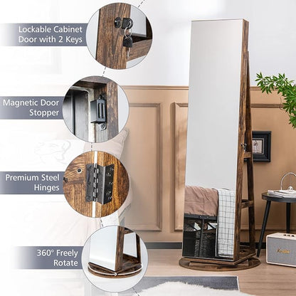 CHARMAID 360° Swivel Jewelry Armoire with Full Length Mirror, Rear Storage Shelves, Lockable Standing Jewelry Cabinet Organizer with Interior Vanity Mirror and 3-Color Lights (Rustic Brown)