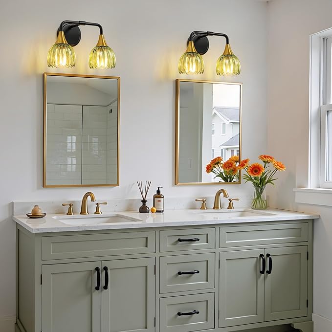 Bathroom Vanity Light Fixtures: 2-Lights Vintage Bathroom Lights Over Mirror with Ribbed Green Tulip Glass Shade - 14 inch Black and Gold Wall Sconce Bath Lighting
