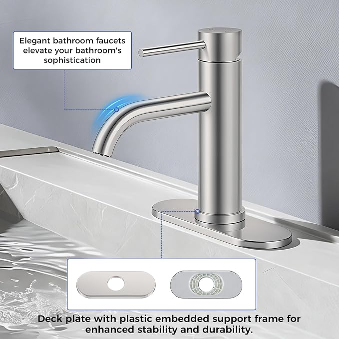 Bathroom Sink 1 Hole Single Handle Lever Faucets Stainless Steel | Pop Up Drain,Deck Plate,Flexible Hoses,1 or 3 Hole,Modern,for Vanity RV Bath Basin Wash Room Restroom Home,Brushed Nickel