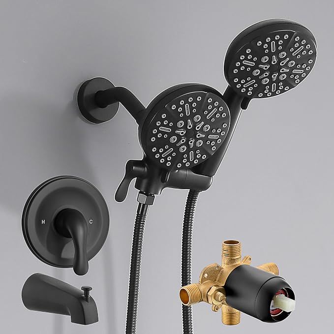 Black Shower Faucet Set with Tub Spout - Tub and Shower Faucet Combo| Dual 2 in 1 Shower System with Handheld Showerhead 3-way Water Diverter Shower Trim Kit(Pressure Balancing Valve Included)