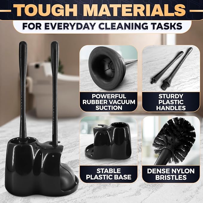 2-in-1 Black Toilet Brush and Plunger Set with Holder – Compact Bathroom Cleaning Combo, Strong Rubber Plunger & Stiff Bristle Brush, Space-Saving Stand, Fits Most Standard Toilets, 6.4×5.5×17.1 inch