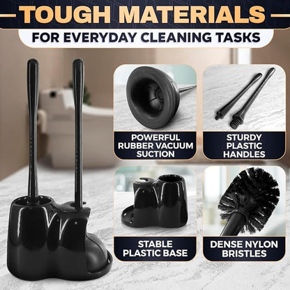 2-in-1 Black Toilet Brush and Plunger Set with Holder – Compact Bathroom Cleaning Combo, Strong Rubber Plunger & Stiff Bristle Brush, Space-Saving Stand, Fits Most Standard Toilets, 6.4×5.5×17.1 inch