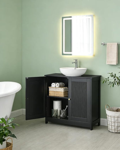 Bathroom Vanity Sink Cabinet, Under Sink Storage Cabinet with 2 Doors, Waterproof Pedestal Sink Cabinet for Bathroom, Laundry Room, Kitchen, Black with Adjustable Shelf