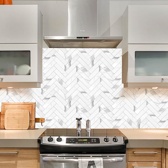 80-Piece Marble White Thick PVC Peel and Stick Backsplash, 2" x 8" Waterproof Subway Tile Peel and Stick Wall Tiles for Kitchen and Bathroom