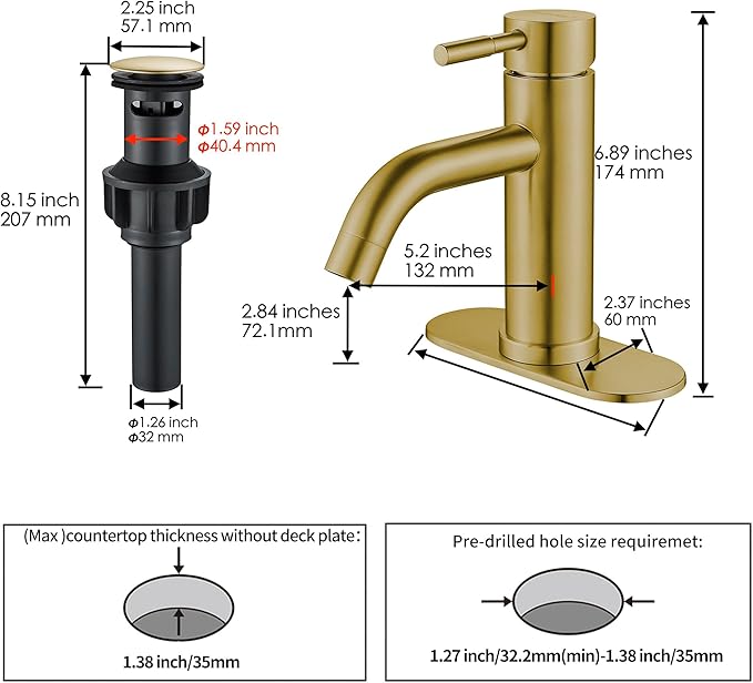 Single Hole Bathroom Sink Faucet Brushed Gold, Modern Single Handle Bathroom Faucet Commercial Stainless Steel Basin Faucet with Drain