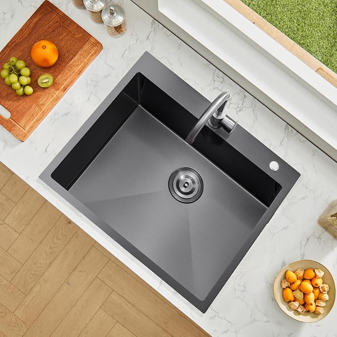 VEVOR 25" Recessed Kitchen Sink 9" Deep Top Mount Single Bowl Kitchen Sink 304 Stainless Steel Sink with Filter Basket Perfect for Home, RV, Laundry Room, Bar