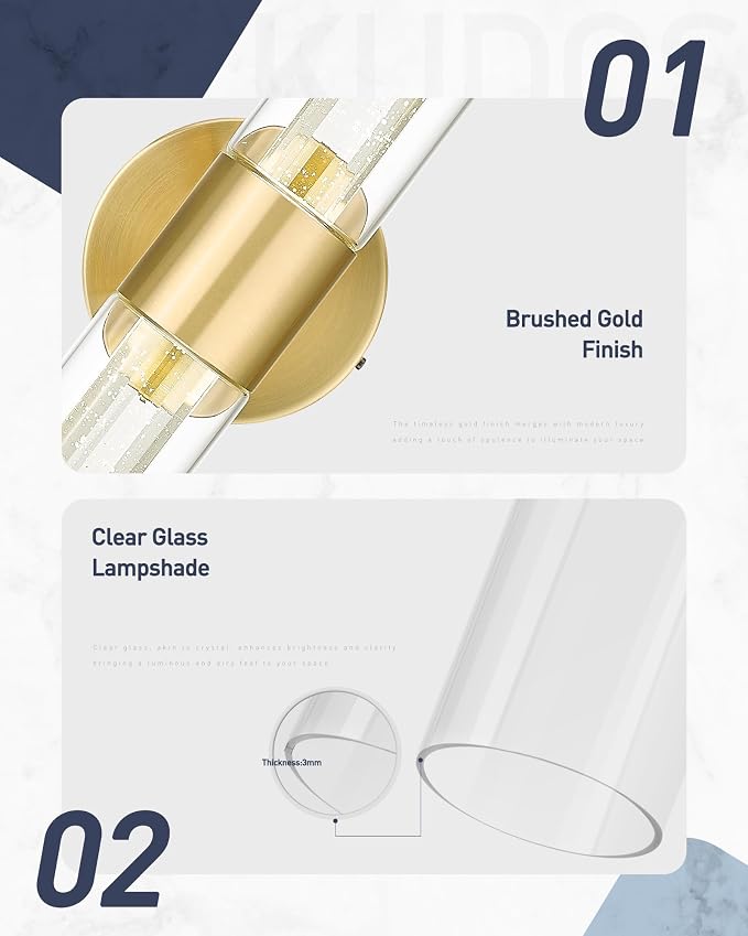 kudos Brushed Gold LED Vanity Light, Crystal Bubble and Clear Glass, 3CCT | 11W, 1000 Lumens,3000K, 4500K and 6000K Selectable, Hardwired, for Bathroom, Bedroom and Over Mirror, KDVL05-GD-2