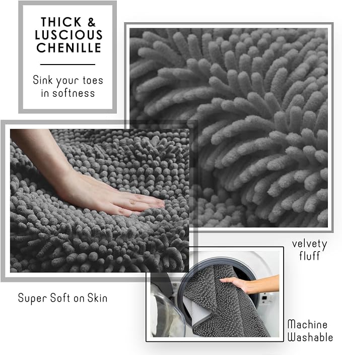 Hearth & Harbor Bathroom Rugs, Chenille Bath Mat - Machine Washable Bath Mats for Bathroom Non-Slip Backing Rubber, Quick Dry Bathroom Mat - Grey 17x24-20x24