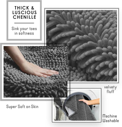 Hearth & Harbor Bathroom Rugs, Chenille Bath Mat - Machine Washable Bath Mats for Bathroom Non-Slip Backing Rubber, Quick Dry Bathroom Mat - Grey Bath Rug, 17x24