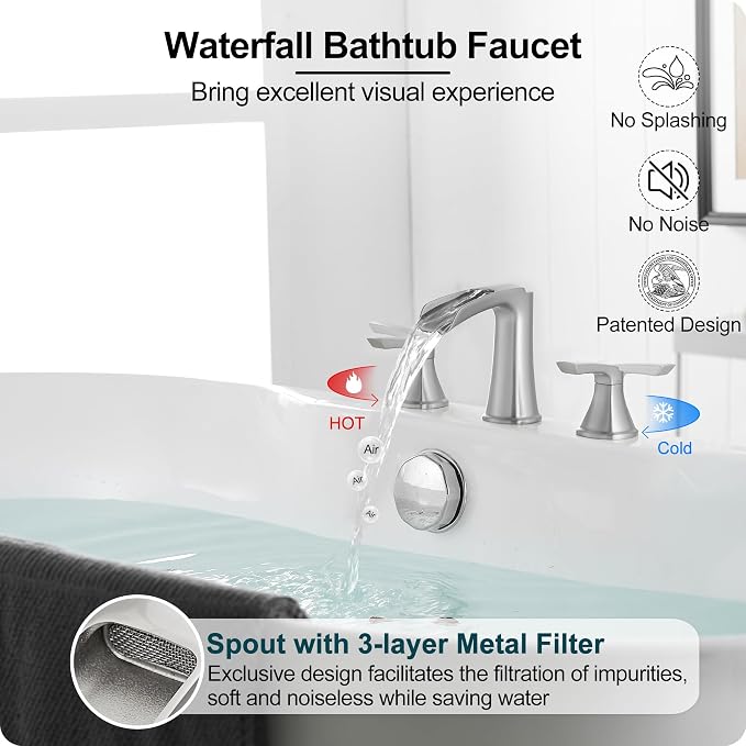 3 Hole Roman Tub Faucet Waterfall Brass Brushed Nickel Bathtub Faucet Set, High Flow 6-16 Inch Deck Mount Faucet for Bathtub, 2 Handle Bath Tub Faucets with Supply Water Hoses for Classic